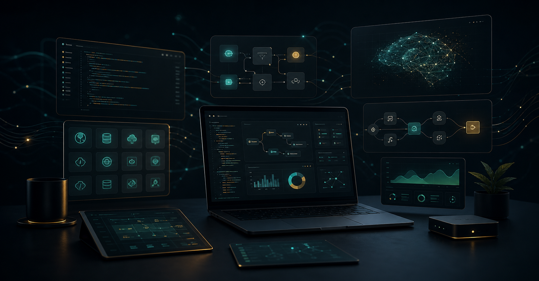 Environnement num&eacute;rique sombre avec tableaux de bord, automatisations et outils IA