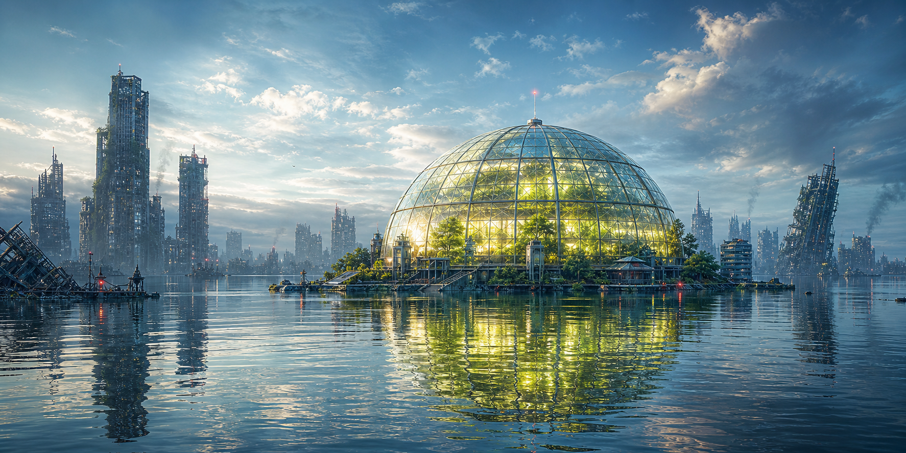 Ville futuriste inondée avec un refuge lumineux au loin